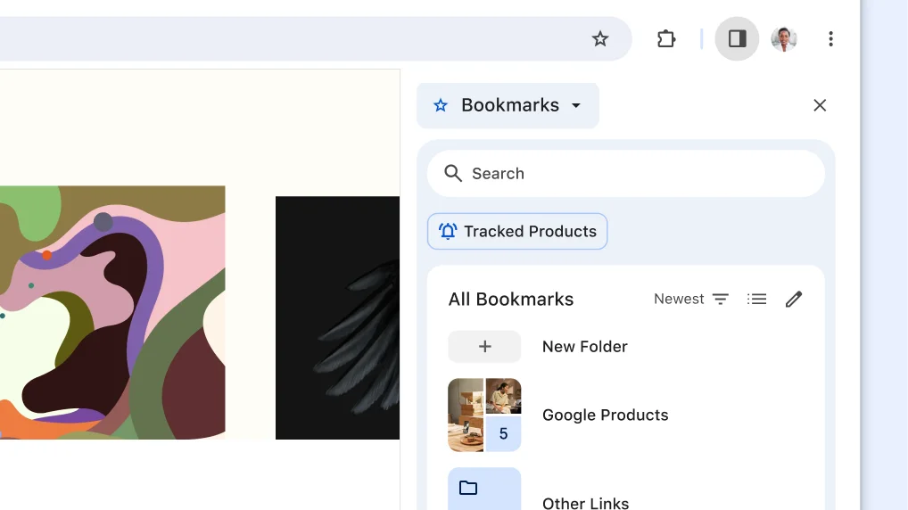 Chrome side panel open to Bookmarks and showing a bookmarks search bar, bookmarks with thumbnail images, and other bookmark management tools
